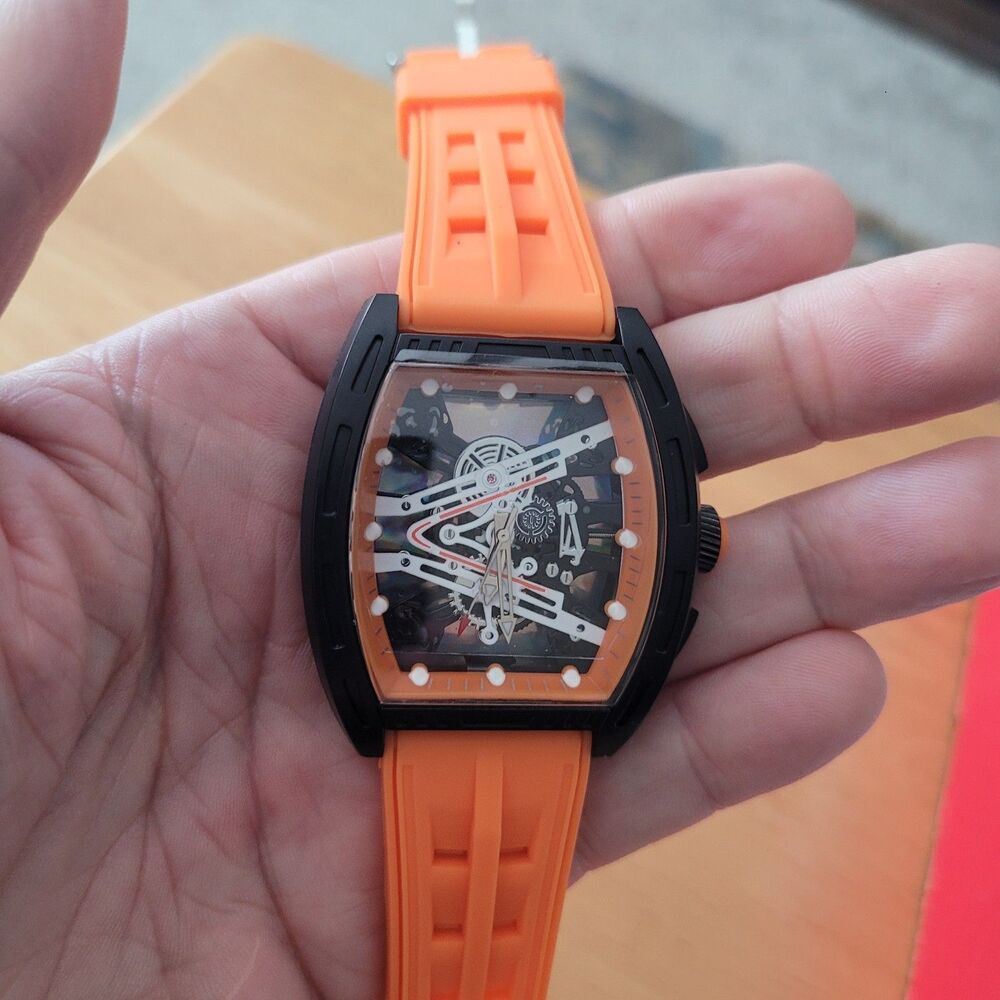 Tonneau Skeleton Dial Analog Wristwatch, Black Case Orange Rubber Strap